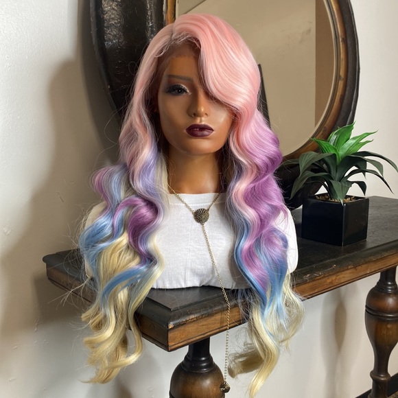 MINAJ| LONG BODY WAVE PINK TO LAVENDER DEEP SIDE PART LACE FRONT WIG - Picture 3 of 6